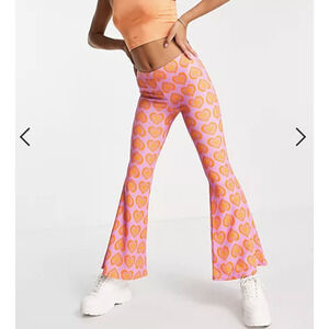 NWT! Vintage Supply Retro Heart Print Orange & Pink Purple Stretch Flare Pants